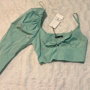 Zara mint green puffed one shoulder top